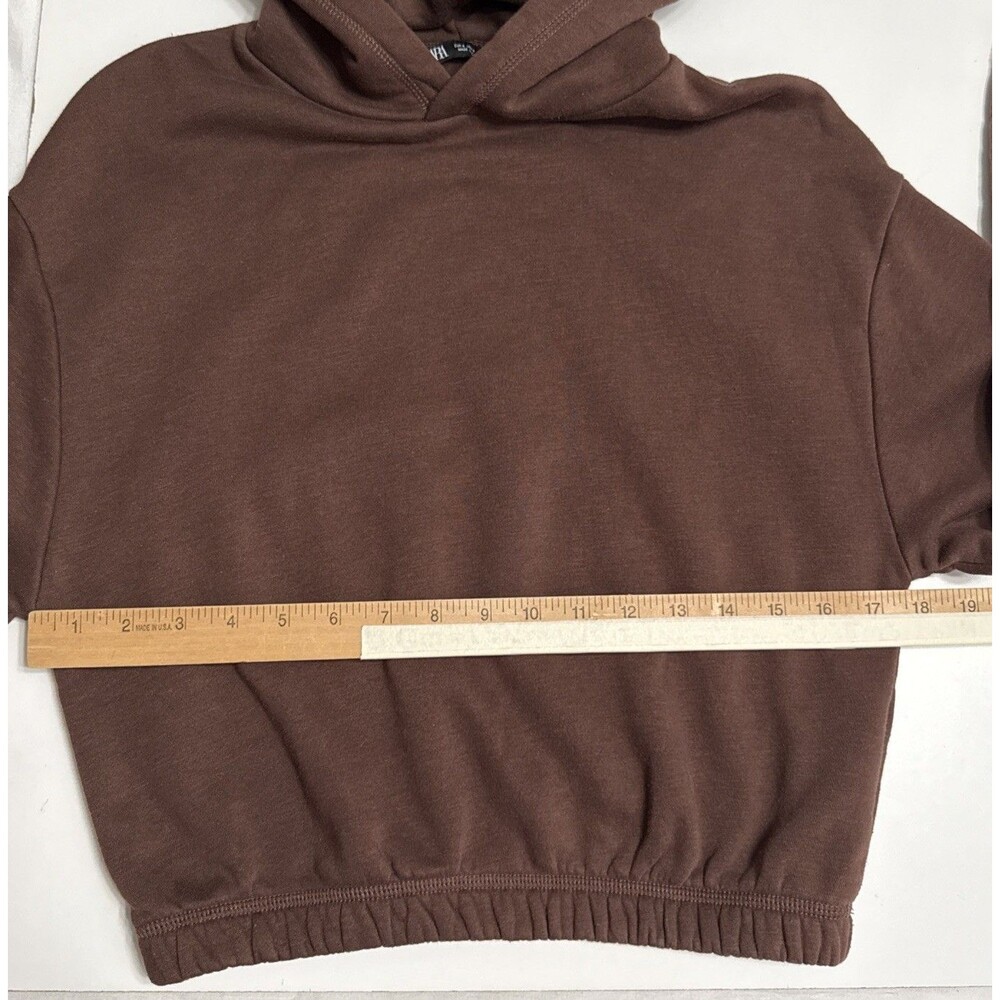 Zara Small Hoodie Crop Brown Long Sleeve Sweatshirt Pullover Elastic Hem - Picture 4 of 6